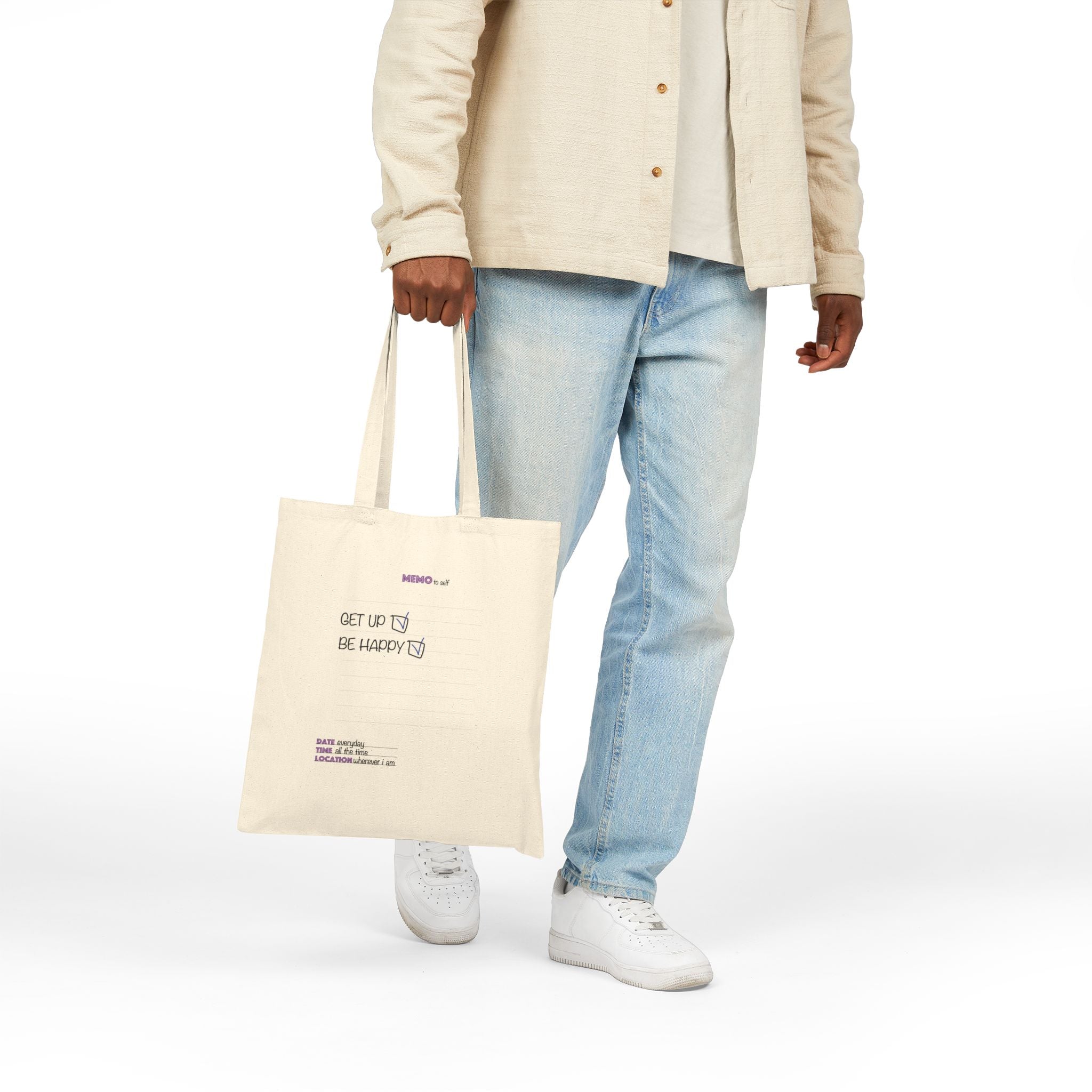 Get Up Be Happy Cotton Canvas Tote Bag – Minimal Inspirational Grocery & Everyday Shopper