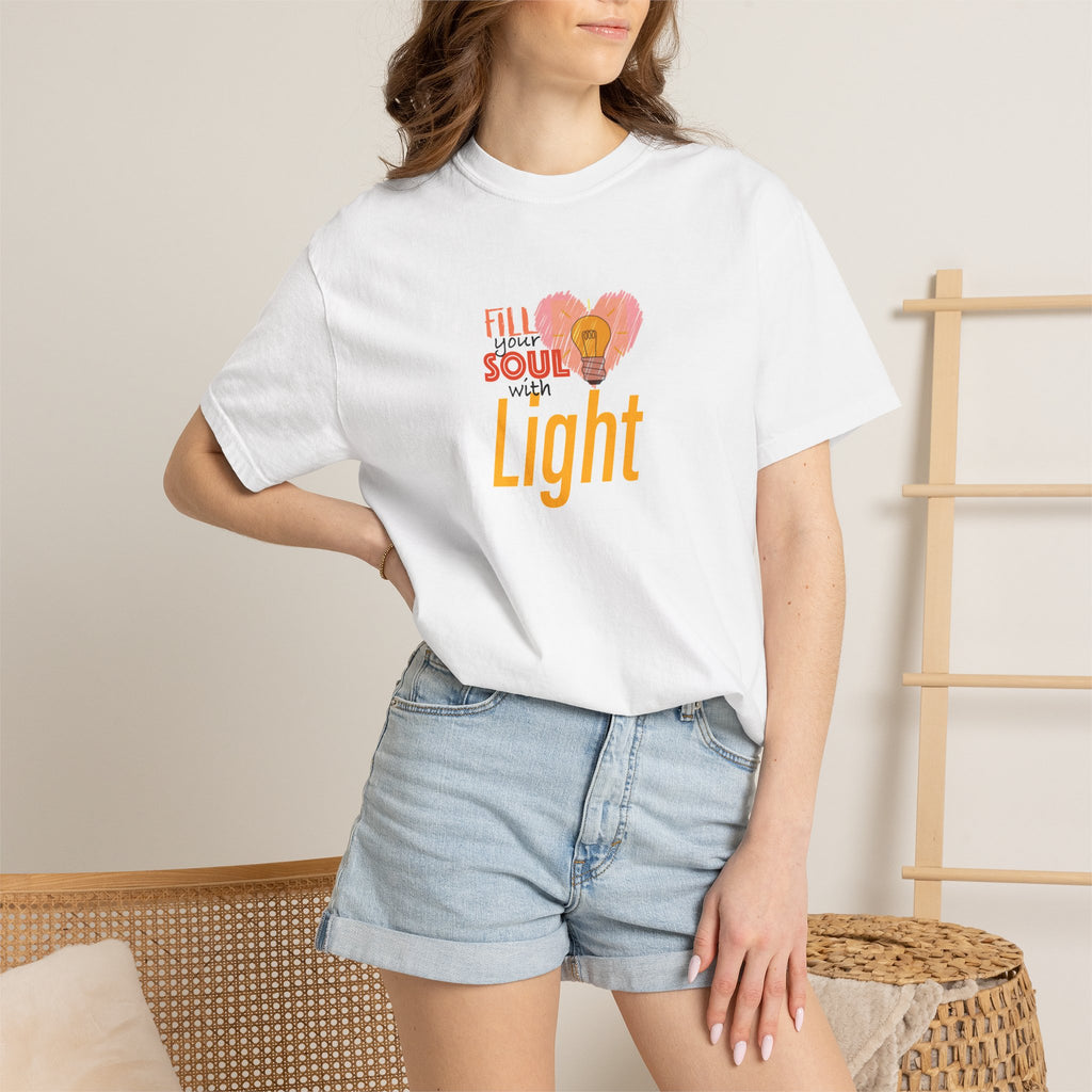 T-Shirt — "Fill Your Soul with Light" Heart & Lightbulb Inspirational Tee