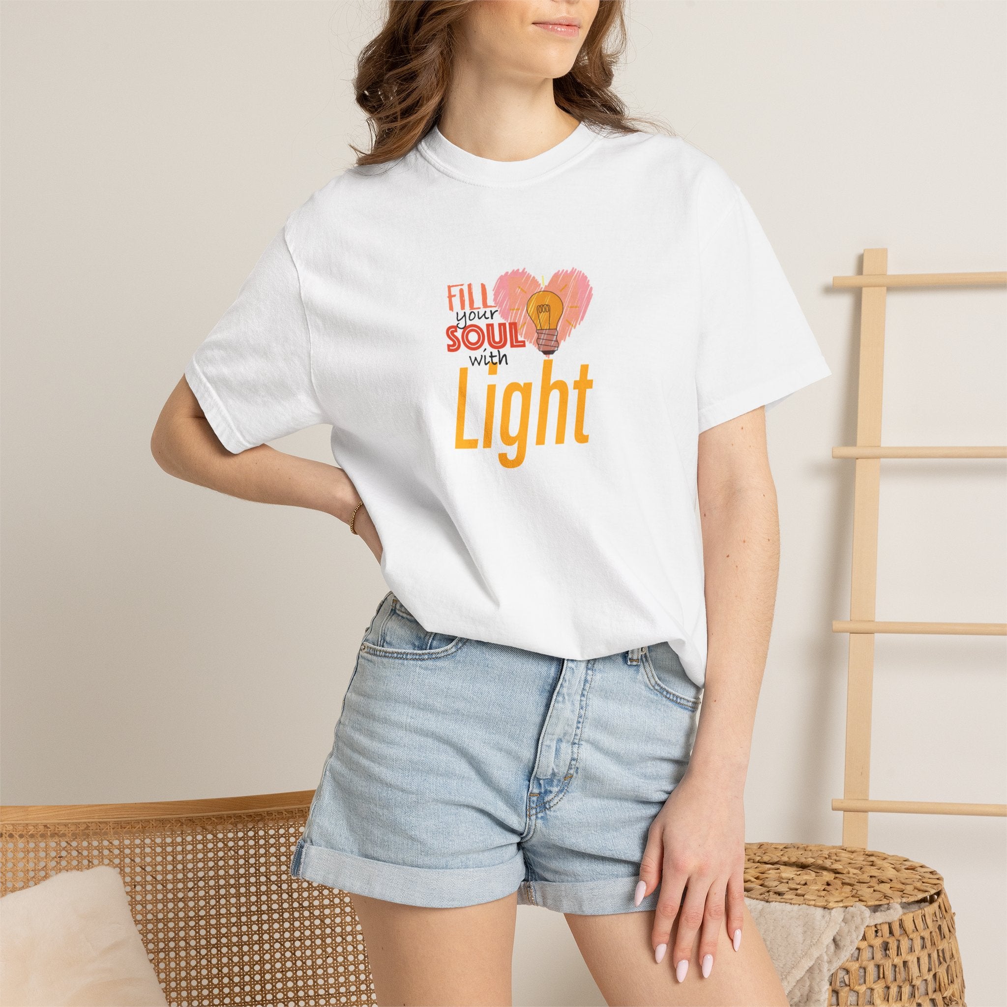 T-Shirt — "Fill Your Soul with Light" Heart & Lightbulb Inspirational Tee