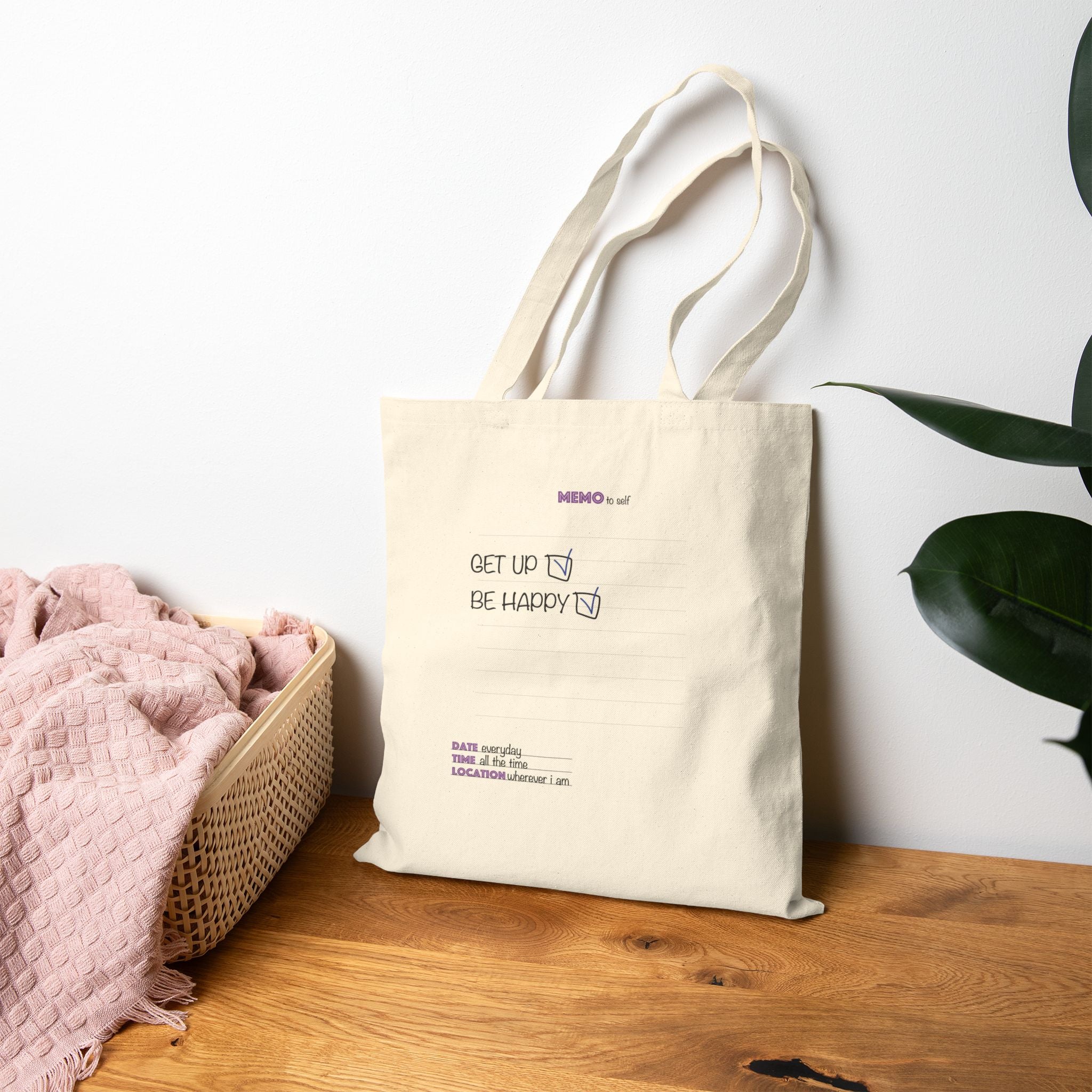 Get Up Be Happy Cotton Canvas Tote Bag – Minimal Inspirational Grocery & Everyday Shopper